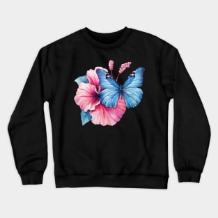 Blue Butterfly on Pink Hibiscus Watercolor Crewneck Sweatshirt